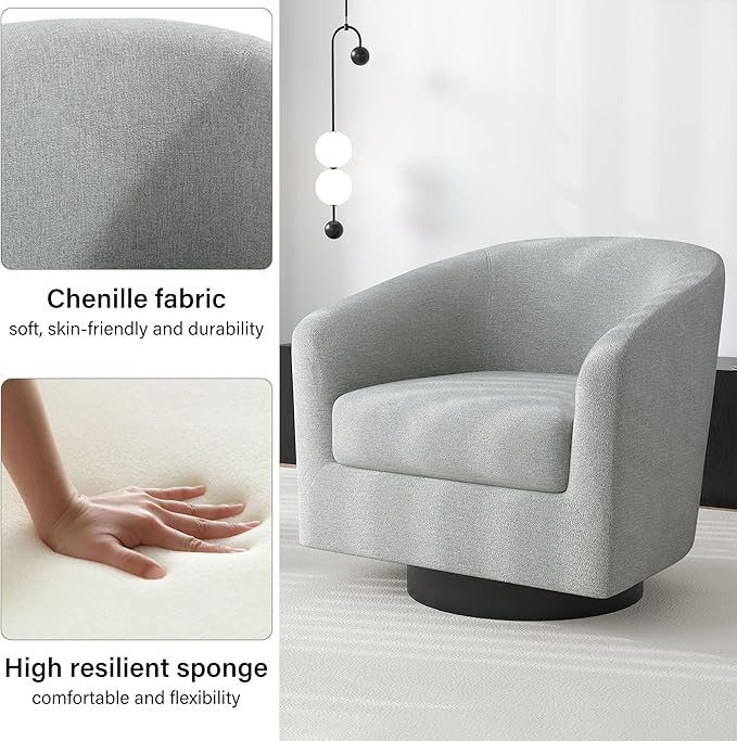 Swivel Barrel Accent Chair, Modern Round Chenille Fabric Arm Chair for Living Room, Bedroom, Comfy Club Reading Chairs for Adults(Chenille Fabric, Light Grey, Set of 1