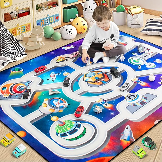 Kids Rug, Space Themed Baby Play Mat, 5x7 Ft Playroom Rug, Colorful Cartoon Outer Space, Planet, Rocket, Spaceship Road Carpet for Playroom, Educational Learning Carpet for Kids Mat