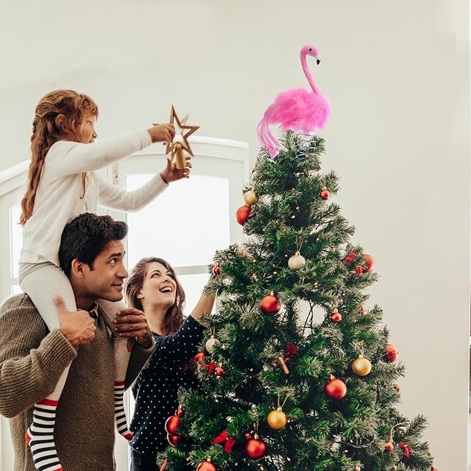 Retisee Flamingo Christmas Tree Topper Artificial Feather Flamingo Christmas Flamingo Tree Topper Decoration Pink Flamingo Decoration for Christmas Garden Indoor Outdoor Holiday Ornament Party