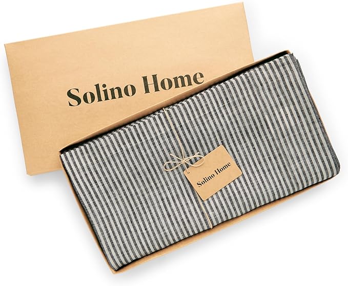 Solino Home Linen Striped Tablecloth 60 x 90 Inch - 100% Pure Linen Black and White Table Cloth for Rectangle Tables - Narrow Stripe, Machine Washable Tablecloth for Fall, Halloween, Thanksgiving