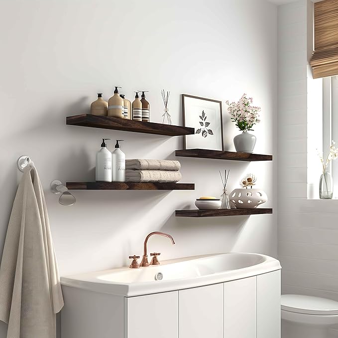 Wood Floating Shelves for Wall Decor, Rustic Wall Shelves for Bedroom Bathroom Kitchen Living Room, Set of 6 Walnut