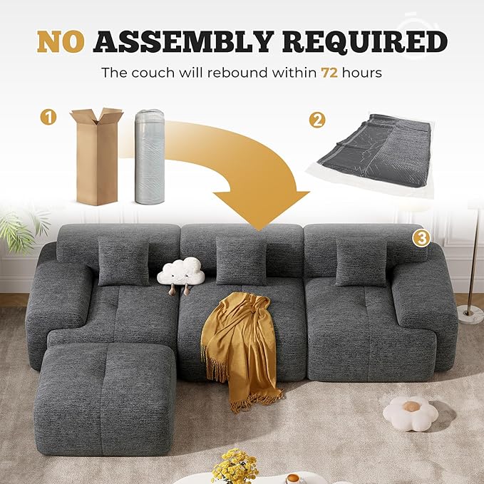 122" Modern L Shaped Modular Sectional Sofa, Boneless Couches for Living Room with Ottoman,4 Seater Convertible Chenille Cloud Couch Sofa Set, No Assembly Required, Grey-Black 1 PCS