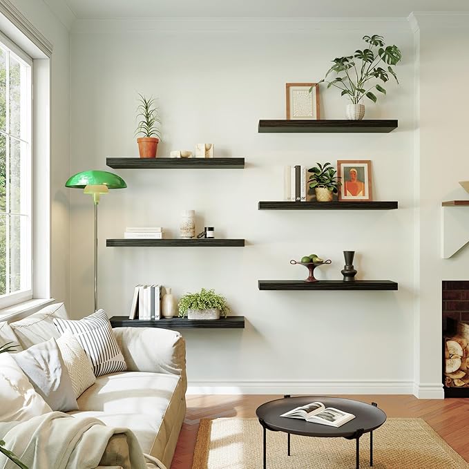 Large Floating Shelves for Wall Set of 1 Wooden Wall Shelves 24 in x 12.75 in x 2 in Room Decor Long Shelf with Invisible Wall Mount Bracket for Bedroom Kitchen Living Room Black Wood