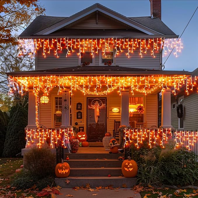 JMEXSUSS Orange Halloween Lights Outdoor, 800 LED Orange Icicle Lights Outdoor Waterproof, 8 Modes String Light Plug in for Fireplace Tree Garden Patio Thanksgiving Fall Halloween Decor