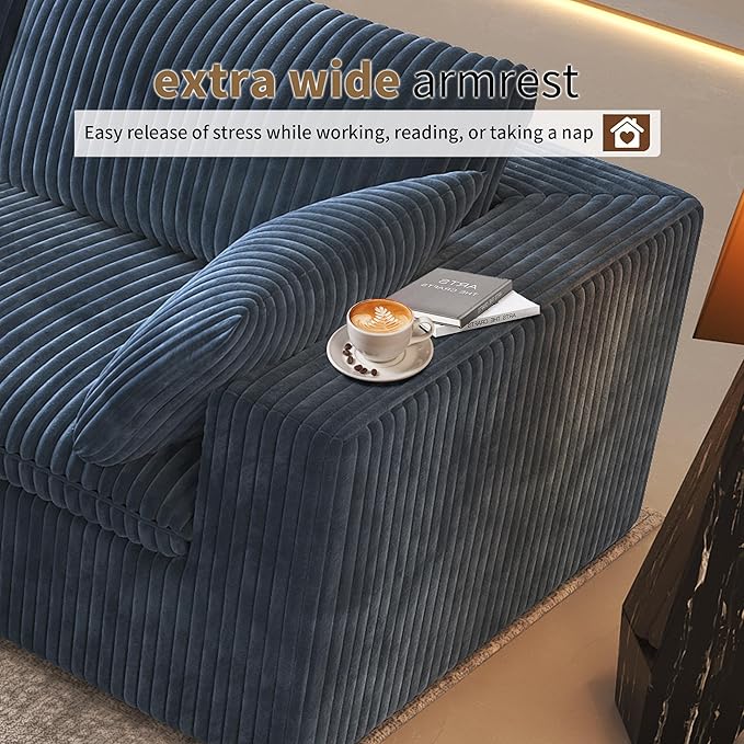 118" 6-Seater Cloud Sofa,Modular Sectional Couch with Ottoman,Modern Deep Seat Upholstered Couches with Plush Corduroy Fabric for Living Room Furniture,Bedroom and Apartment,No Assembly Required,Blue