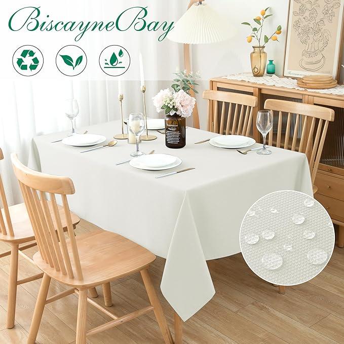 Biscaynebay Textured Fabric Tablecloths 90x132 Inches Rectangular, Ivory Water Resistant Tablecloths for Dining, Kitchen, Wedding, Parties etc. Machine Washable