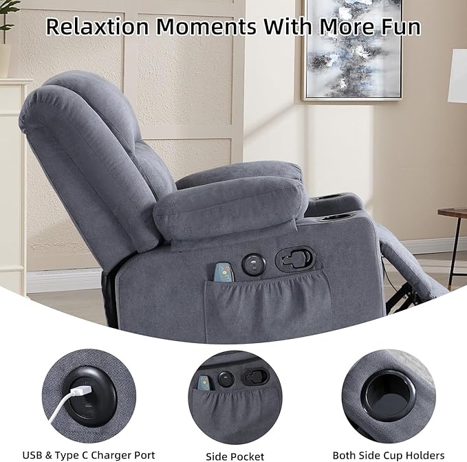 Rocker Recliner Chair with Heat and Massage, 360° Swivel Recliner Chairs for Adults, Heavy Duty Reclining Sofa Chair with USB Port Cup Holders Side Pockets for Living Room (Grey)