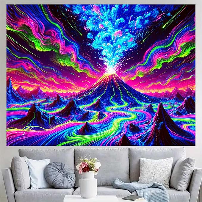 BlissYard Erupting Volcano Stream UV Black Light Tapestry 78x59 Inches Art Color Neon Light Background Bedroom Living Room Wall Party Decoration Psychedelic Lava Mountain Sky Flow Fantasy Scene