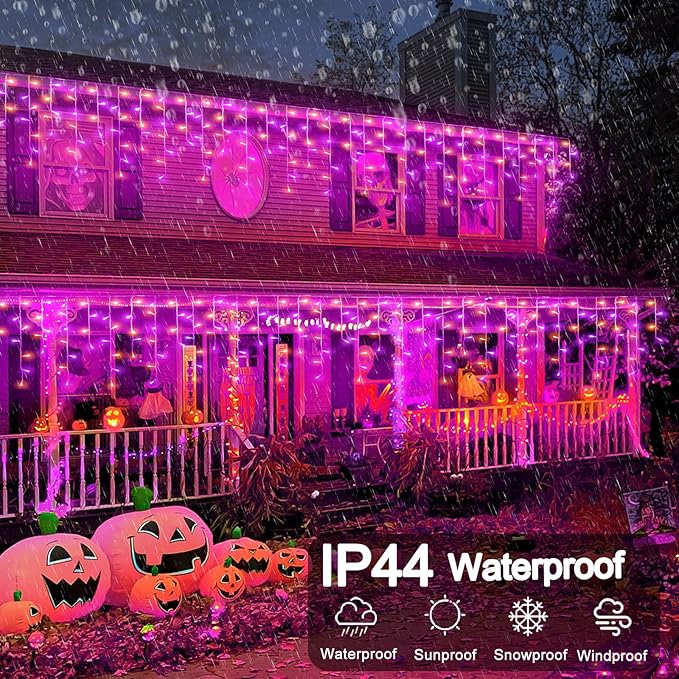 66ft Halloween Lights Outdoor, 640 LED Icicle Lights for Outside, Orange and Purple Twinkle Lights with Connectable Clear Wire 8 Modes Timer Waterproof for House Party Tree Holiday Yard Decorations