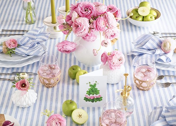 Solino Home Linen Tablecloth 60 x 120 Inch - Amalfi Stripe 100% Pure Linen Sky Blue and White Table Cloth for Rectangle Tables - Machine Washable Tablecloth