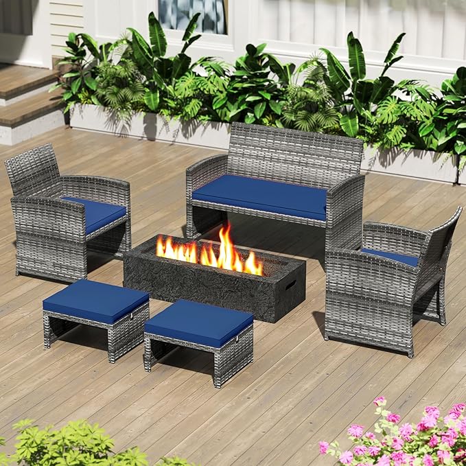 Tangkula 2 Pieces Patio PE Rattan Ottomans, Multipurpose Outdoor Footstool Footrest Additional Seating Side Table with Soft Zippered Cushions for Deck, Garden, and Yard (Navy Blue)
