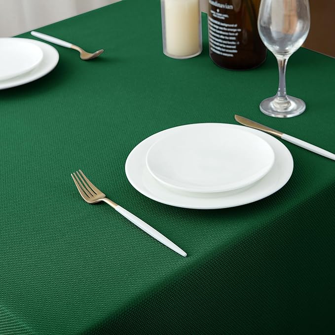 Biscaynebay Textured Fabric Christmas Square Table Cloth 90x90 Inch, Hunter Green Water Resistant Spill Proof Tablecloths for Dining, Kitchen, Wedding and Parties etc. Machine Washable