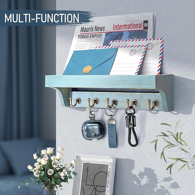 Rebee Vision Farmhouse Pine Wood Key Holder Wall Mount for Home Decor - Rustic Wall Key Holder with Shelf for Home Improvement - Ideal Entryway Organizer in Living Room (Distressed Blue)