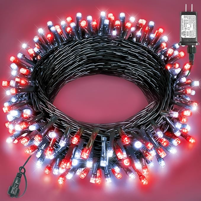 Christmas Lights Outdoor 40FT 120 LED, Green Wire Christmas Tree Lights Waterproof, 8 Modes & Timer, Connectable String Light for Indoor Bedroom Yard Patio Party Xmas Decorations, Red White