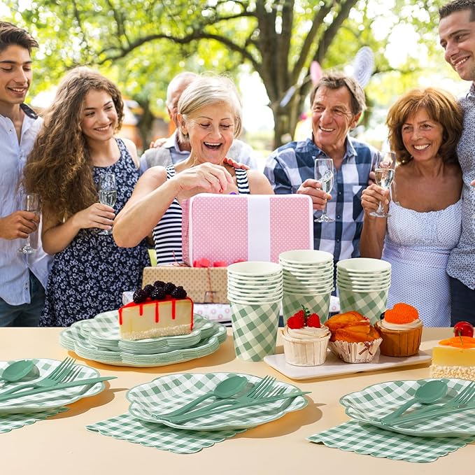 350 Pcs Sage Green Gingham Paper Plates and Napkins Party Supplies - Sage Green and White Checkered Plates Scalloped Plaid Plate for Birthday Dinner Picnic BBQ Party Decorations, Serve 50 Guests