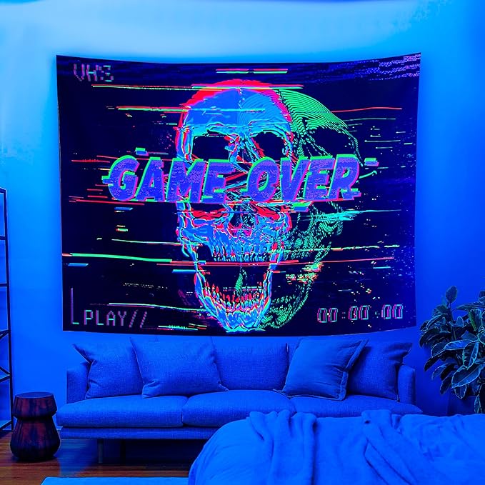 OSVINO Blacklight Skeleton Tapestry 59"x51" GAME OVER UV Reactive Wall Hanging Neon Skull Hippie Posters for Halloween Eastern Backdrop Bedroom Dorm Living Room Decor