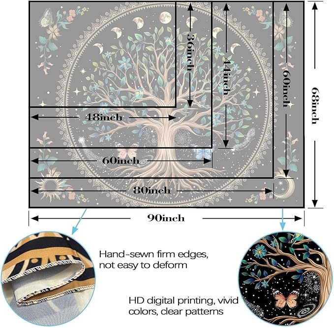 Lunerfex Tree of Life Tapastry Sun and Moon Tapastry Flower Boho Tree Mandala Wall Hanging for Bedroom and Living Room Decor Green Tree 60×80 Inches