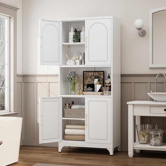 75" Tall Kitchen Pantry Storage Cabinet, Metal Storage Cabinets with 4 Doors and Adjustable Shelves,White Kitchen Hutch Cabinet with Microwave Stand, Large Cupboard for Dining Living Room