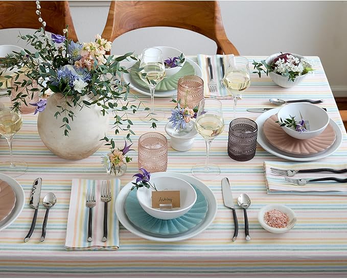 Solino Home Linen Striped Tablecloth 60 x 108 Inch - 100% Pure Linen Multicolor Muted Pastel Stripe Table Cloth for Rectangle Tables - Julia, Machine Washable Tablecloth