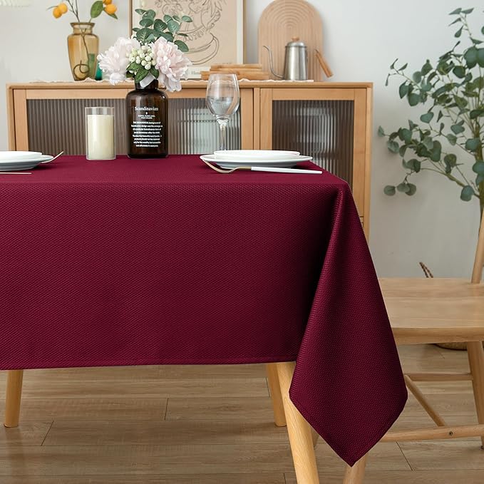 Biscaynebay Textured Fabric Christmas Square Table Cloth 90x90 Inch, Burgundy Water Resistant Tablecloths for Dining, Kitchen, Wedding, Parties etc. Machine Washable