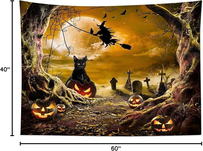 LB Halloween Wall Tapestry Horror Witch Cat and Dead Tree Pumpkin Lights with Spooky Graveyard Tapestry Orange Full Moon over Misty Forest Wall Decor for Bedroom Living Room Dorm 60x40 Inches