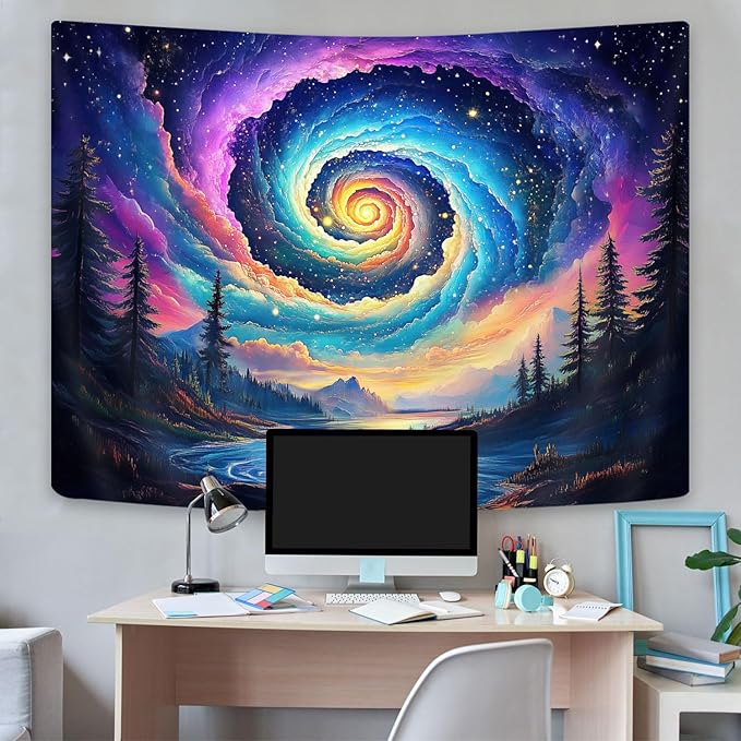 Galaxy Space Tapestry, Cool Colorful Trippy Forest Mountain River Aesthetic Tapestries, Psychedelic Starry Sky Swirls Misty Fantasy Landscape Tapestry Wall Hanging College Bedroom for Guys Men 80X60