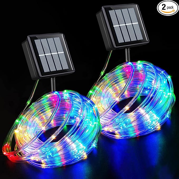 YEGUO 2 Packs Each 33ft 100 LED Solar Trampoline Lights Multicolor, Solar Rope Lights for Outside, 8 Modes Fairy Lights in Clear Thin Tube for Camping Fence Patio Garden Deck
