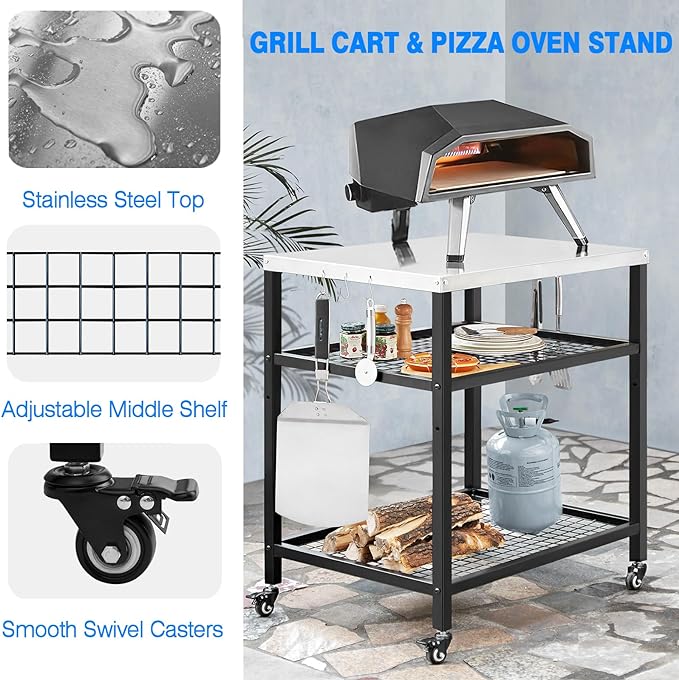 Stainless Steel Outdoor Grill Cart Pizza Oven Stand Trolley Table with Wheels Three-Shelf Movable Food Prep and Work Table Heavy Duty Grill Carts Outdoor Cart 31.5"×24"×35.5"