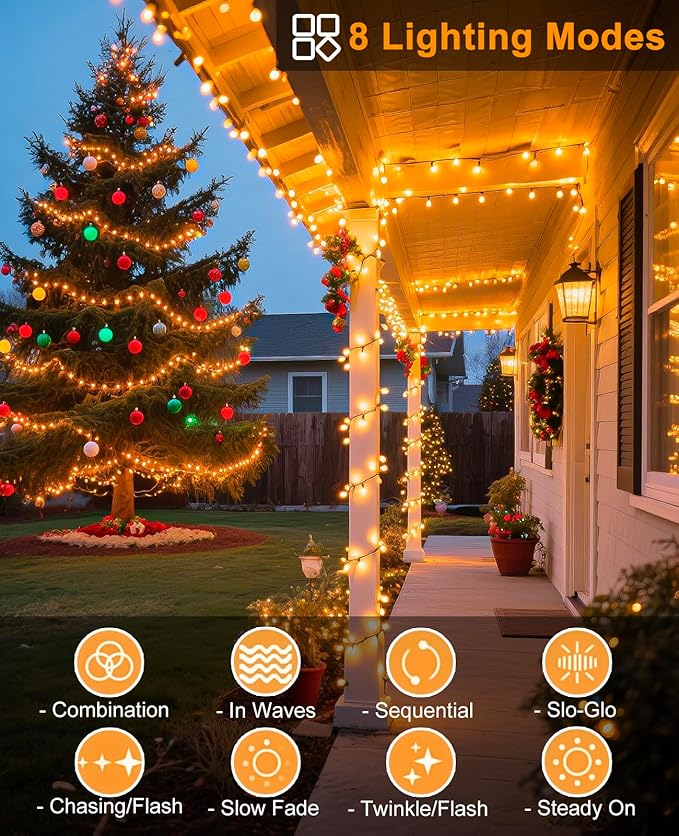 40FT 120 LED Christmas Lights Outdoor, Warm White Christmas Tree Lights with 8 Modes & Waterproof, Connectable Plug in String Light for Indoor Bedroom Yard Party Wedding Decorations