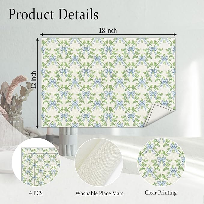 Green Leaf Placemats Set of 4, Blue Bow Table Mat for Home Kitchen, Restaurants, Outdoor Linen Washable Place Mats 12x18 inch Party Event Dining Decoration-01