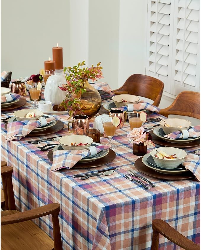 Solino Home Linen Plaid Tablecloth 60 x 90 Inch - 100% Pure Linen Fall Multicolor Table Cloth for Rectangle Tables - Thanksgiving, Autumn, Fall Flavors Madras, Machine Washable Tablecloth
