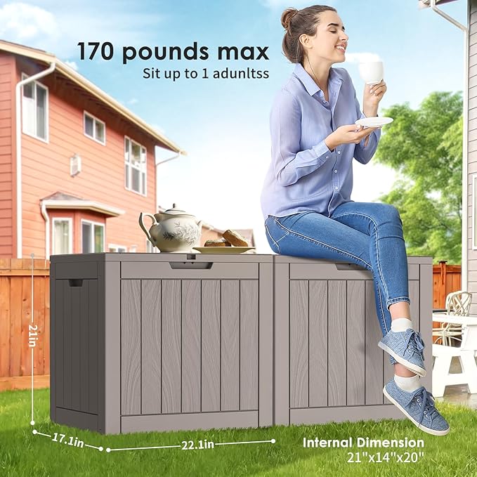 Vixzen 30 Gallon Resin Deck Box - Lockable Outdoor Storage for Patio Cushions, Garden Tools, Pool Supplies,Grey
