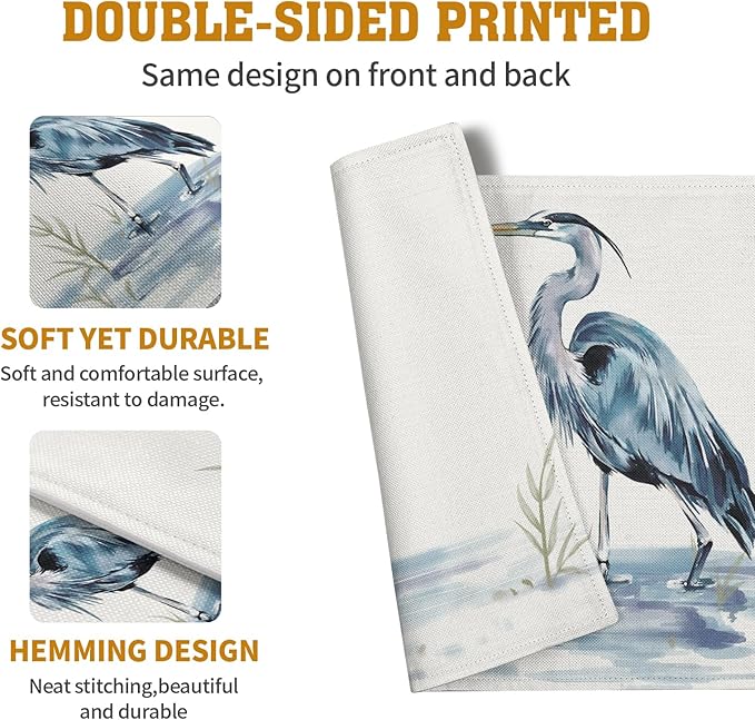 Coastal Placemats Set of 4 Summer Ocean Heron Place Mats 12x18 Inch Nautical Beach Sea Bird Pelican Table Mat Heat Resistant Non Slip Washable Linen Fabric Kitchen Dining Placemat