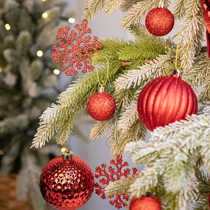 50PCS Christmas Tree Ornaments Set with Shatterproof Balls Icicle Snowflake Hanging Ornaments for Home Office Farmhouse Christmas Decorations, Red