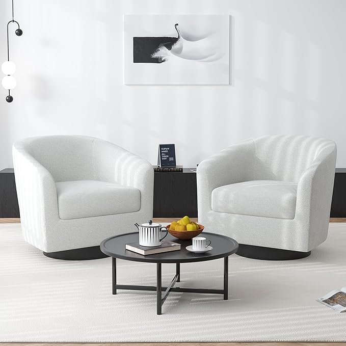 Swivel Barrel Accent Chair, Modern Round Chenille Fabric Arm Chair for Living Room, Bedroom, Comfy Club Reading Chairs for Adults(Chenille Fabric, Beige, Set of 2