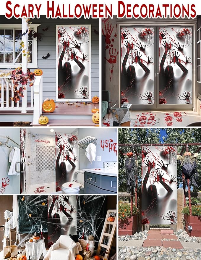 Wohohoho 11 Sheets/202 Pcs Bloody Halloween Decorations Set. 2 Giant Spooky Door Cover, 6 Sheets Horror Window Clings, 3 Sheets Scary Floor Stickers, Halloween Party Wall Decal Bedroom Inside Decor