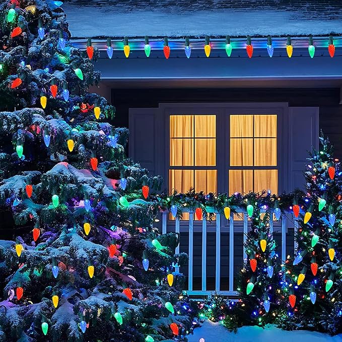 HUGSVIK C6 Solar Christmas Lights Outdoor Waterproof, 21Ft 50LED Strawberry Colored, 8 Modes Solar Powered for Tree Wreath Garland Garden Patio