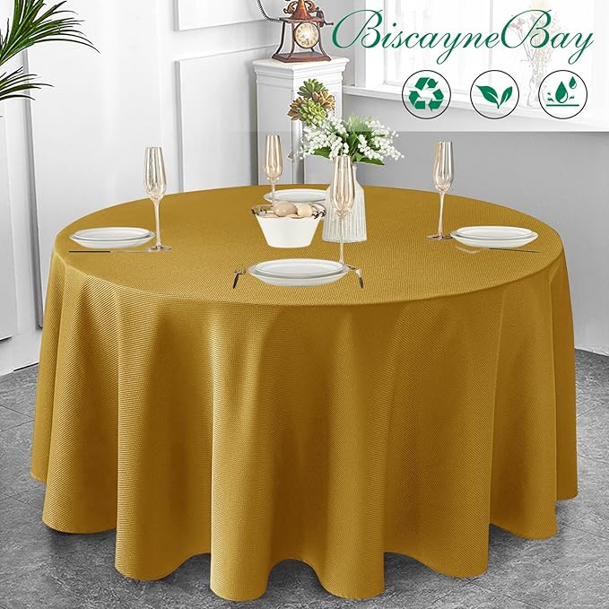 Biscaynebay Textured Fabric Round Christmas Table Cloths 108", Gold Water Resistant Table Covers for Dining, Kitchen, Wedding, Parties etc. Machine Washable
