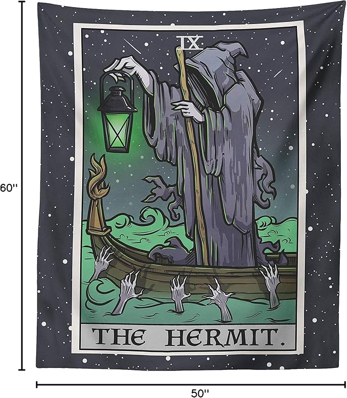 The Hermit Tarot Card Tapestry - Grim Reaper - Gothic Halloween Home Decor Wall Hanging (60" x 50")