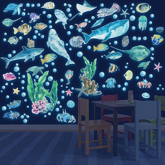 Glow in The Dark Fish Wall Decals, Under The Sea Wall Stickers Decals Decor Luminous Sea Life Animals Waterproof Stick Wall Decal for Kids Boys Bedroom Watercolor Ocean Creatures Decor
