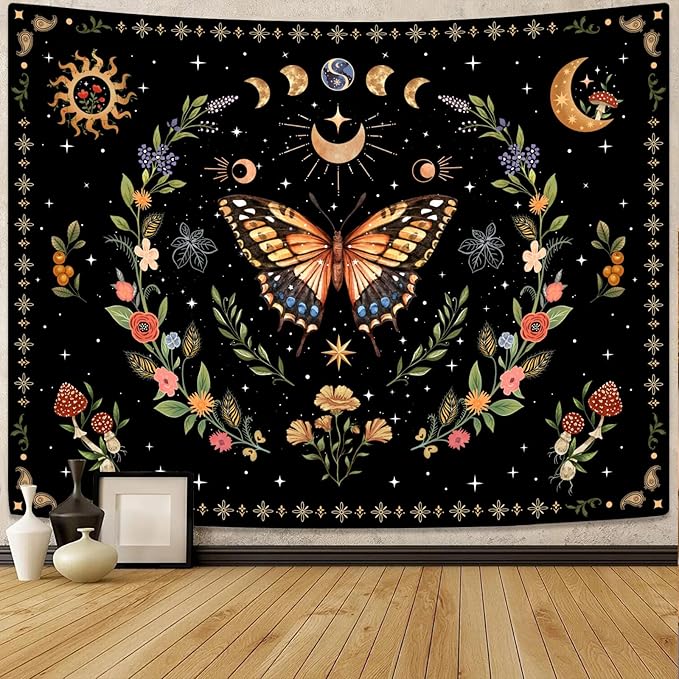 Lunerfex Boho Butterfly Tapestry Flower Moon Wall Tapestry, Moon Phases Tapestries for Bedroom Cute Tapestries Wall Hanging for Bedroom Living Room Decor Butterfly-1 60"x80"