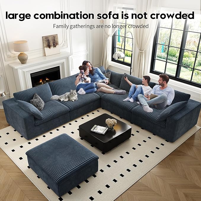 118" Cloud Couch Oversized Modular Sectional Sofa for Living Room,Modern Sofa with Deep Seat,6 Seater Boneless Couch,Comfy Upholstered Corduroy Couches for Apartment, Studio, Office,Bedroom,Blue