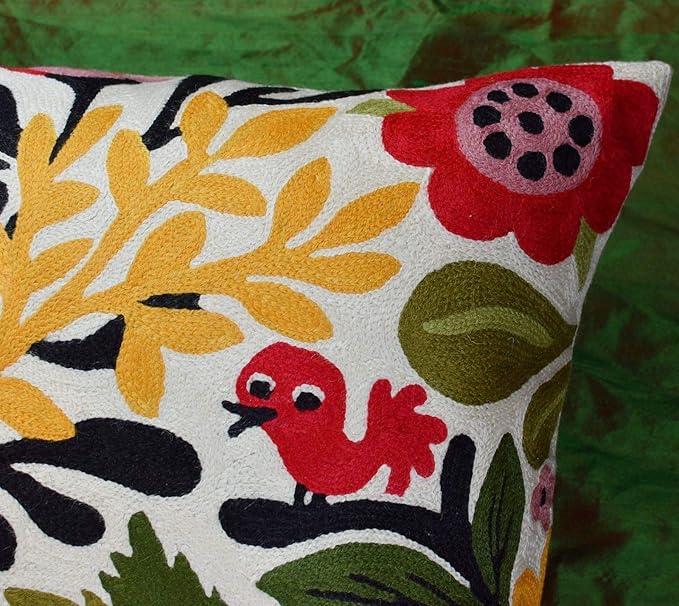 Red Polish Floral Pillow Cover Bird Flower Pillowcase Floral Outdoor Suzani Cushions Flowery Throw Chair Cushion Farmhouse Pillowsham Hand Embroidered Wool 18x18 Inch