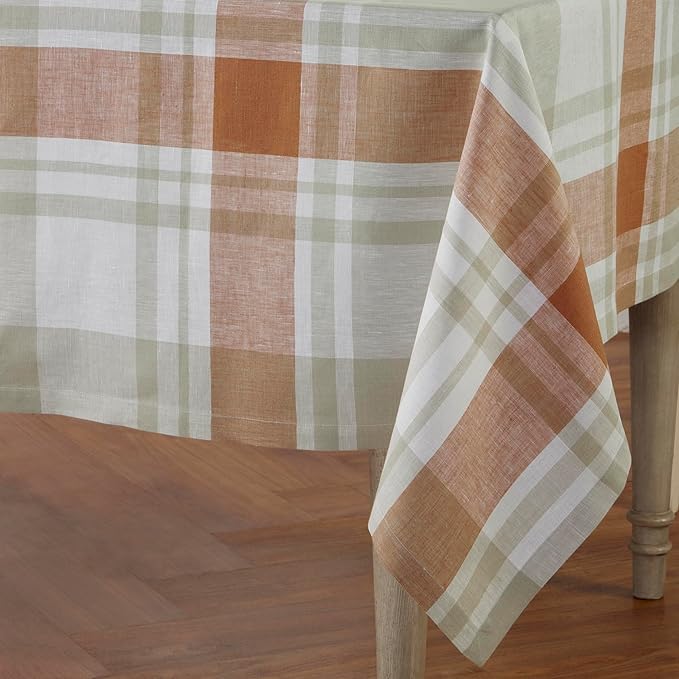 Solino Home Linen Tablecloth 54 x 102 Inch - 100% Pure Linen Fall Harvest Plaid Table Cloth for Rectangle Tables - Machine Washable Tablecloth for Autumn, Halloween, Thanksgiving