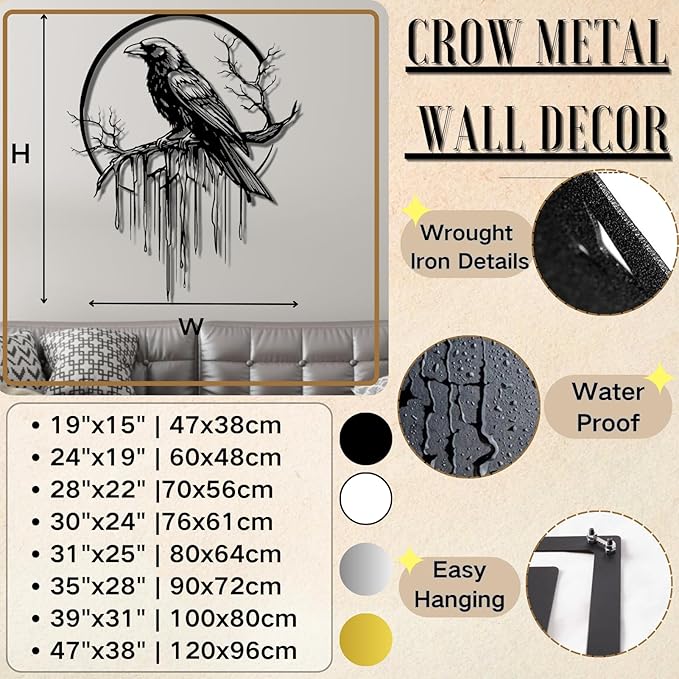 Crow Metal Wall Decor, Raven Wall Art, Large Gothic Raven Decor Hangings, Bird Wall Decor, Metal Tree Branch Decor, Ravens Sign, Raven Art for Living Room (White, 47"x38" | 120x96cm, metal wall art)