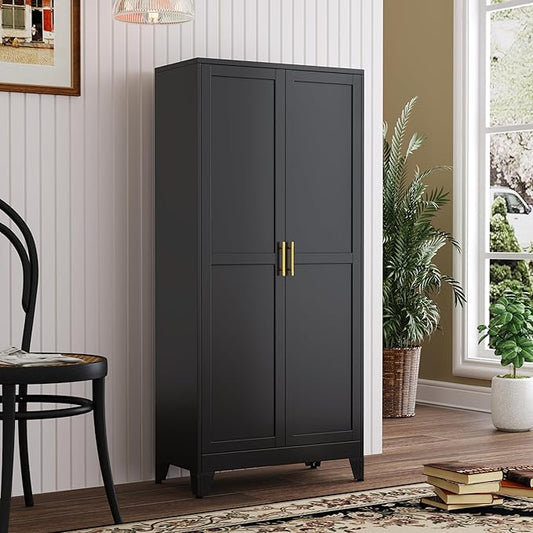 Metal Kitchen Pantry Storage Cabinet with 2 Doors and 3 Adjustable Shelves,Pantry Cabinet with Adjustable Leveling Foot for Kitchen, Living Room, Dining Room(Black)