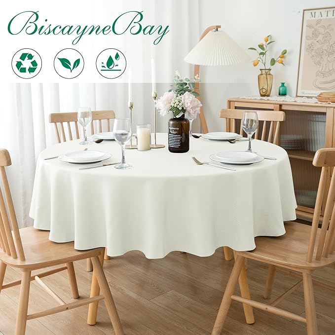 Biscaynebay Textured Fabric Round Tablecloths 70", Ivory Water Resistant Table Cloth Circle Folding Table Covers for Dining, Kitchen, Wedding, Parties etc. Machine Washable