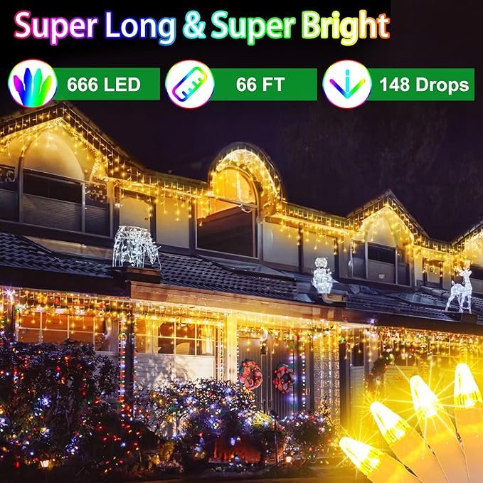 66FT 666 LED Outdoor Christmas Lights - 148 Ice Drops, 12 Pro Modes with Timer Memory & Brightness, Waterproof Hanging Ice String Light for Holiday Wedding Garden Fence House Decor (Warm White)