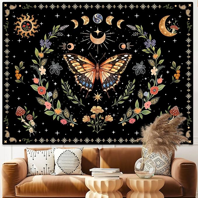 Lunerfex Boho Butterfly Tapestry Flower Moon Wall Tapestry, Moon Phases Tapestries for Bedroom Cute Tapestries Wall Hanging for Bedroom Living Room Decor Butterfly-1 44"x60"