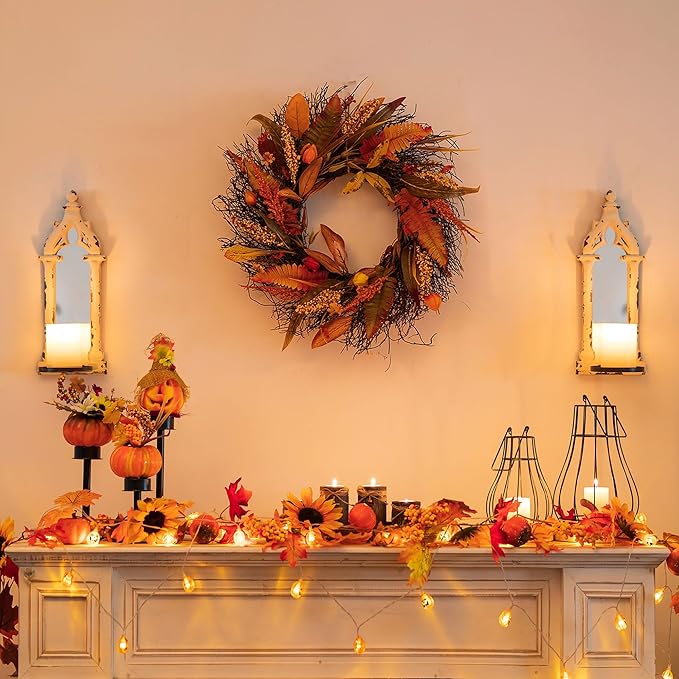 Fall Wreath for Thanksgiving Decorations 24inch - Walasis Large Wheat Wreaths for Front Door - Harvest Grain Gold Autumn Wall Decor for Indoor Outdoor